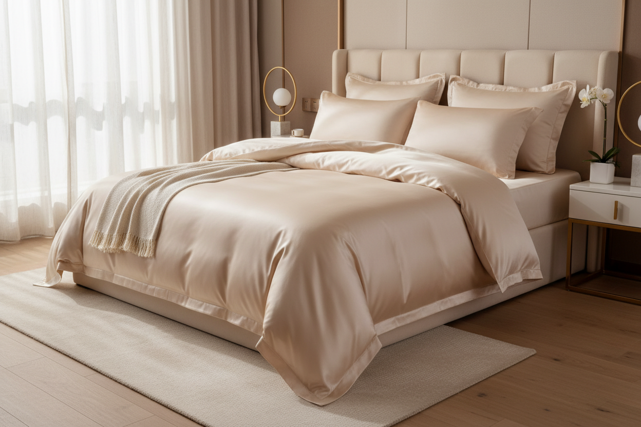 Camera da letto lussuosa con copripiumino in seta