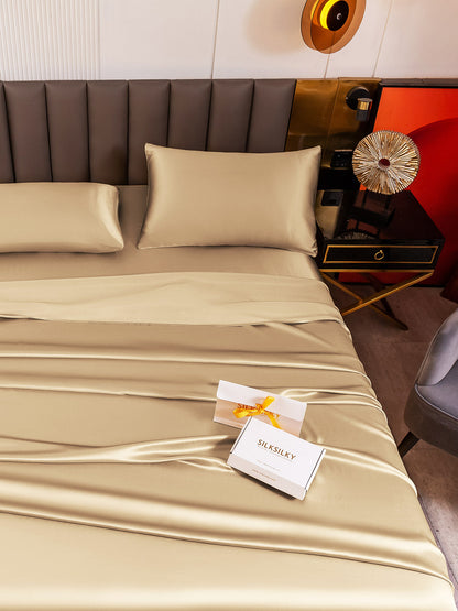 Set di seta 19Momme da 4 pezzi: lenzuolo sopra + lenzuolo con angoli + 2 federe