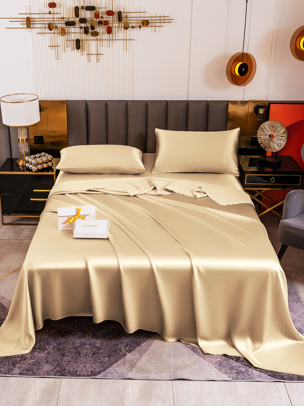 Set di seta 19Momme da 4 pezzi: lenzuolo sopra + lenzuolo con angoli + 2 federe