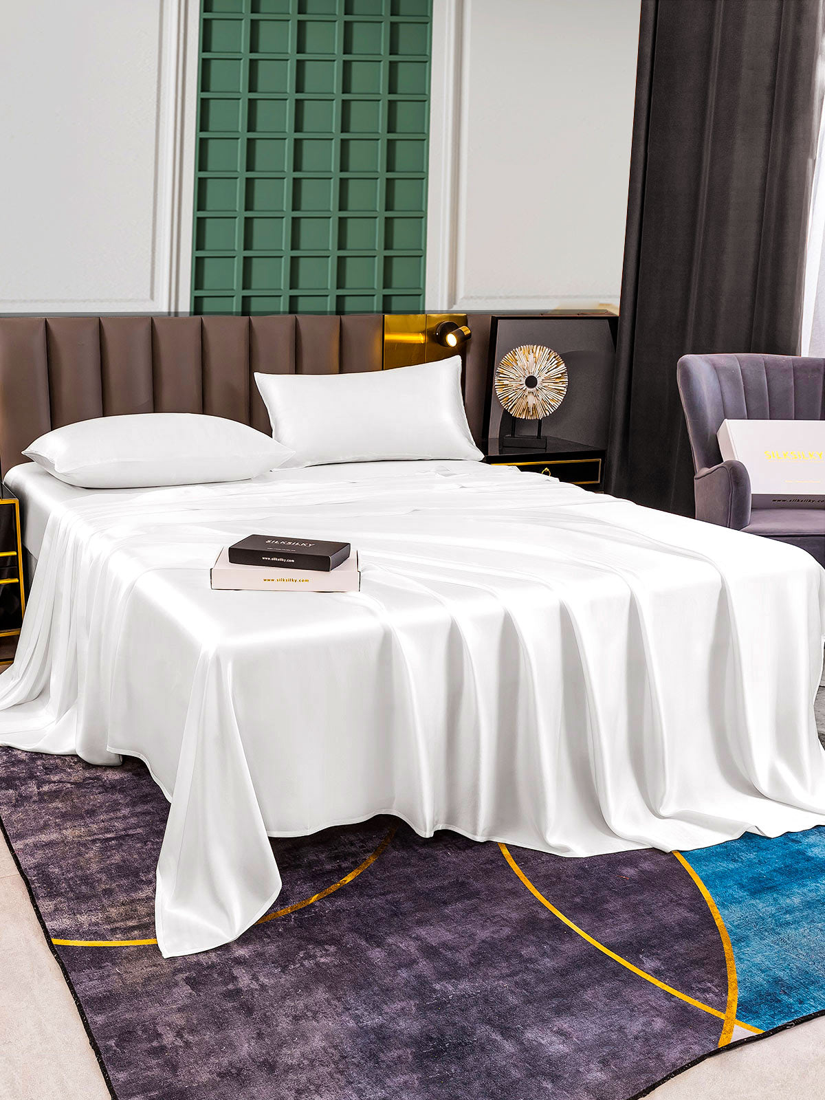 Set da 4 pezzi in seta 25Momme: lenzuolo sopra + lenzuolo con angoli + 2 federe