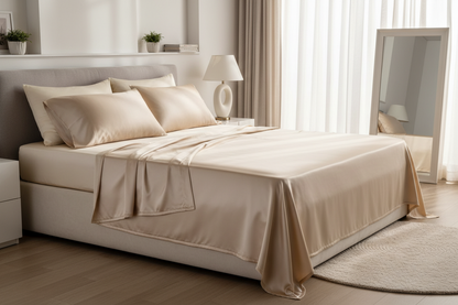 Quarto luxuoso com roupa de cama de seda